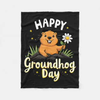 Happy Groundhog Day With Flower _1 Fleecedecke