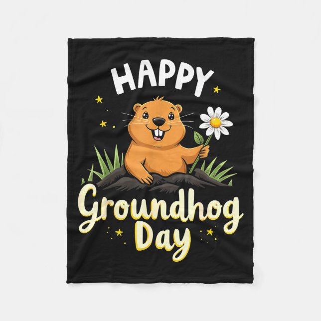 Happy Groundhog Day With Flower _1  Fleecedecke (Vorderseite)