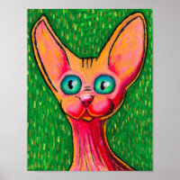 Happy Hairless Cat in Oil Pastel on Green