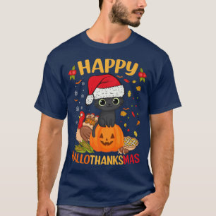 Happy HalloDankeMas Black Cat Weihnachtsmannmütze  T-Shirt