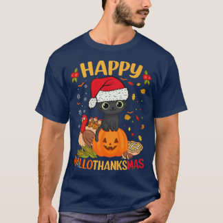 Happy HalloDankeMas Black Cat Weihnachtsmannmütze  T-Shirt