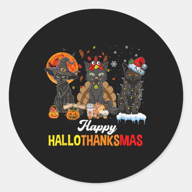 Happy Hallothanksmas Black Cat Halloween Thanksgiv Runder Aufkleber (Vorderseite)