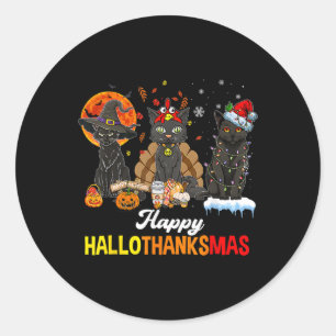 Happy Hallothanksmas Black Cat Halloween Thanksgiv Runder Aufkleber