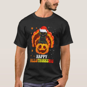 Happy Hallothanksmas Black Cat Santa Pumpkin Turke T-Shirt