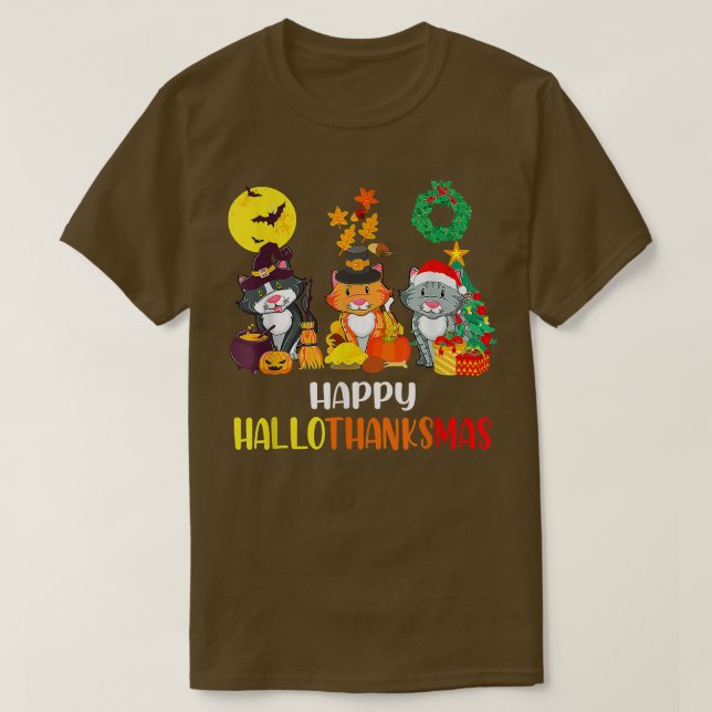 Happy Hallothanksmas Cat Halloween Danke T-Shirt (Design vorne)