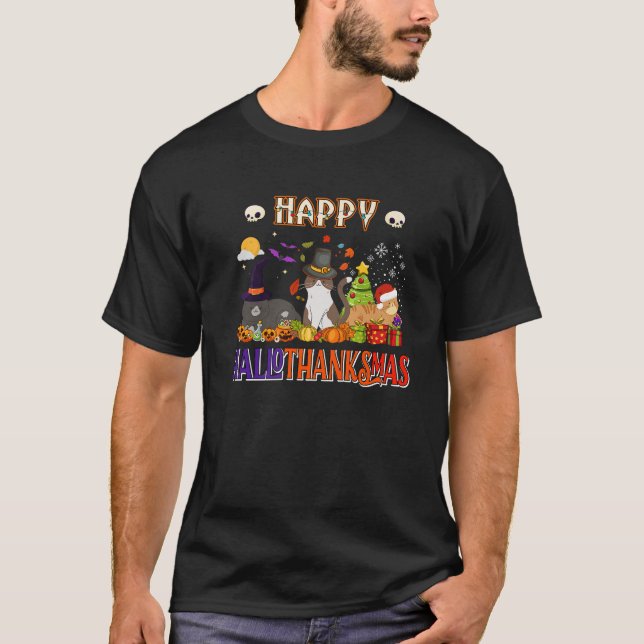 Happy Hallothanksmas Cat Hexe Weihnachtsmannmütze  T-Shirt (Vorderseite)