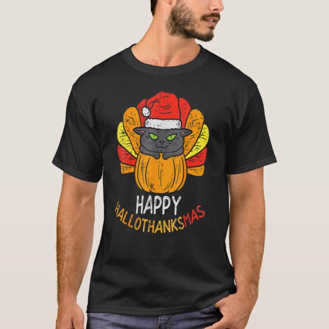 Happy Hallothanksmas Cat Turkey Cat Thanksgiving C T-Shirt (Vorderseite)