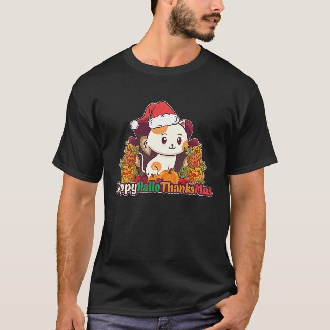Happy HalloThanksMas Cat With Santa Hat Thanksgivi T-Shirt (Vorderseite)