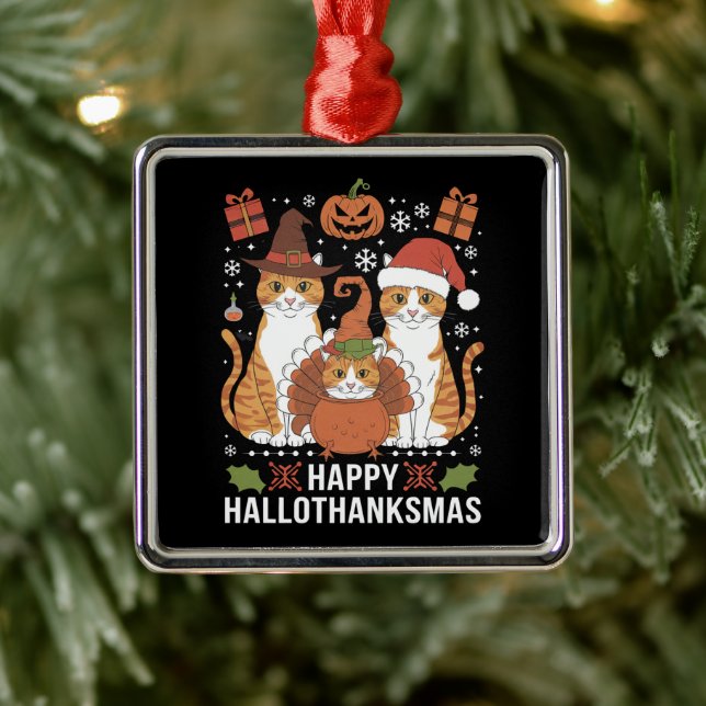 Happy Hallothanksmas Cats Halloween Ornament Aus Metall (Baum)