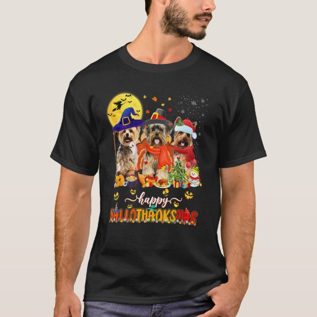 Happy Hallothanksmas Cute Yorkie Wizard Hat Turkey T-Shirt (Vorderseite)