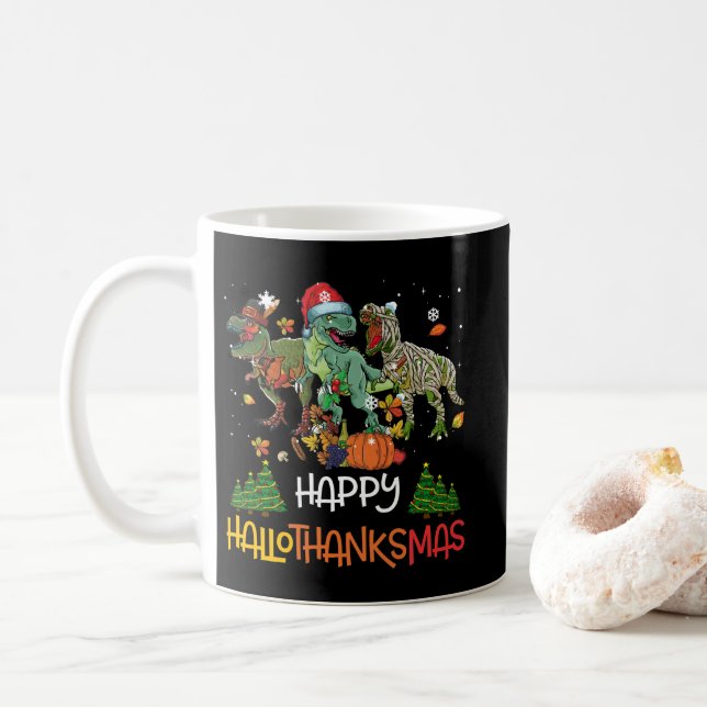 Happy Hallothanksmas Erntedank Dinosaur T-rex Kaffeetasse (Mit Donut)