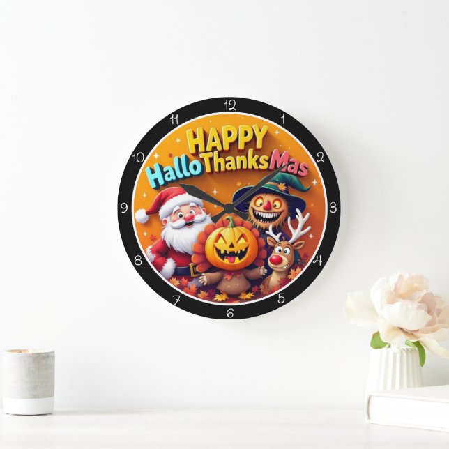 Happy HalloThanksMas Festive Holiday Celebration Große Wanduhr (Zuhause)