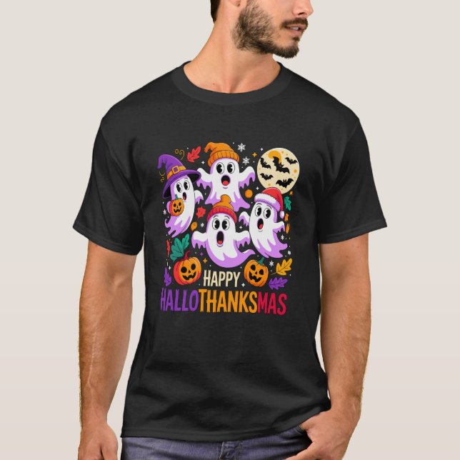 Happy Hallothanksmas Ghosts And Pumpkins Swea T-Shirt (Vorderseite)