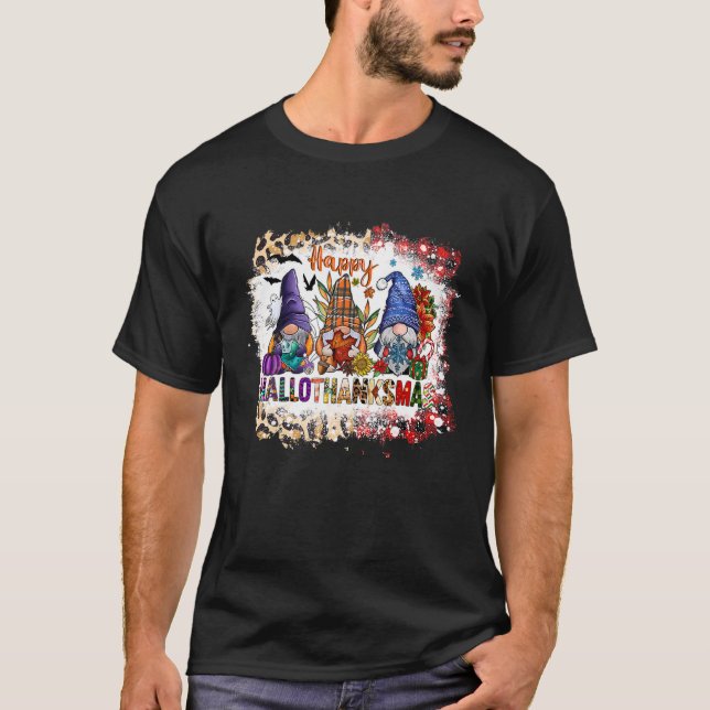 Happy Hallothanksmas Gnomes Halloween Erntedank T-Shirt (Vorderseite)