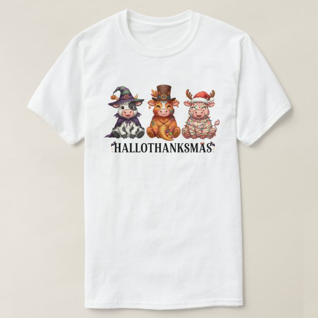 Happy Hallothanksmas Highland Cow T-Shirt (Design vorne)