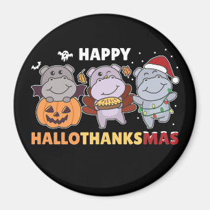 Happy Hallothanksmas Hippos Christmas Hippo Magnet