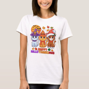 Happy Hallothanksmas Katzen T - Shirt Niedlich Hol