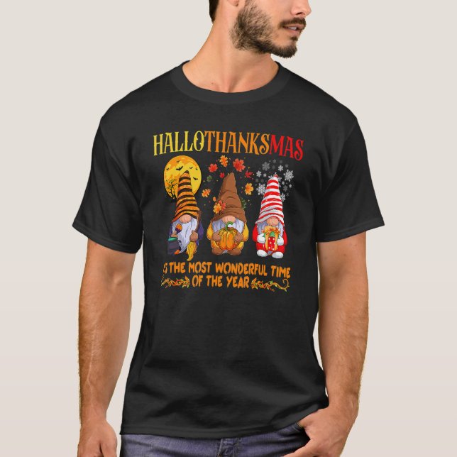 Happy Hallothanksmas Niedlich Gnomes Fall Hallowee T-Shirt (Vorderseite)
