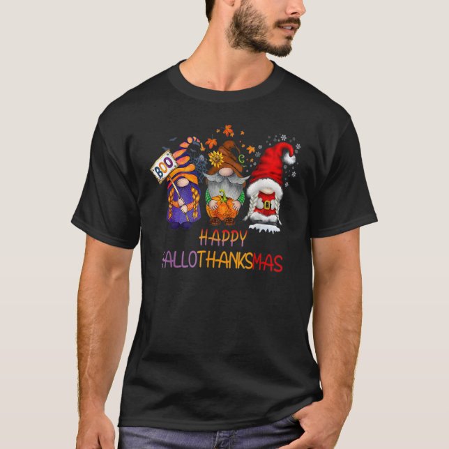 Happy Hallothanksmas Niedlich Gnomes Fall Hallowee T-Shirt (Vorderseite)