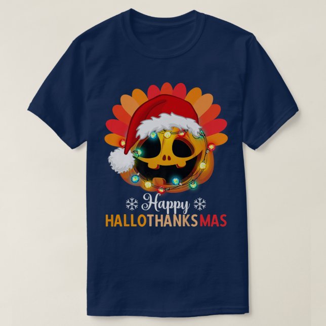 Happy Hallothanksmas Pumpkin mit Xmas Lights & Sa T-Shirt (Design vorne)