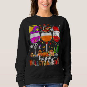 Happy Hallothanksmas Wine Glasses Witch Santa Hat Sweatshirt