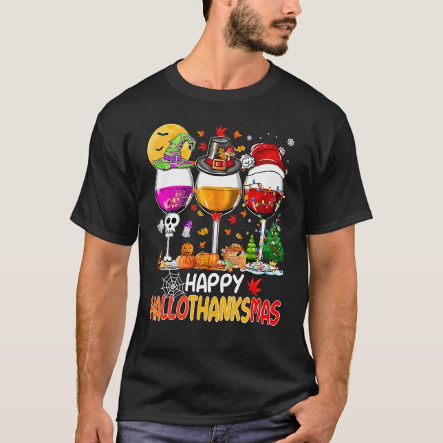 Happy Hallothanksmas Wine Glasses Witch Santa Hat  T-Shirt (Vorderseite)