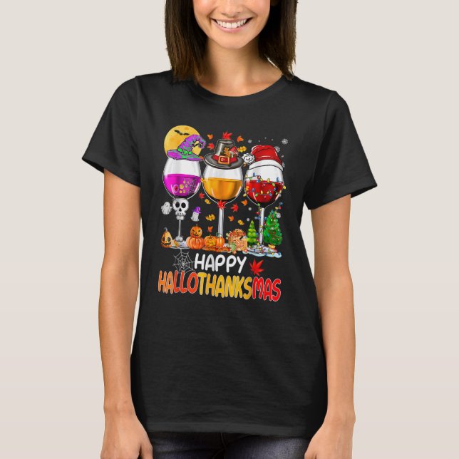Happy Hallothanksmas Wine Glasses Witch Santa Hat T-Shirt (Vorderseite)