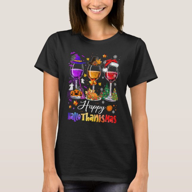 Happy Hallothanksmas Wine Glasses Witch Santa Hat T-Shirt (Vorderseite)