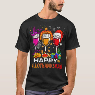 Happy Hallothanksmas Wine Glasses Witch Santa Hat T-Shirt