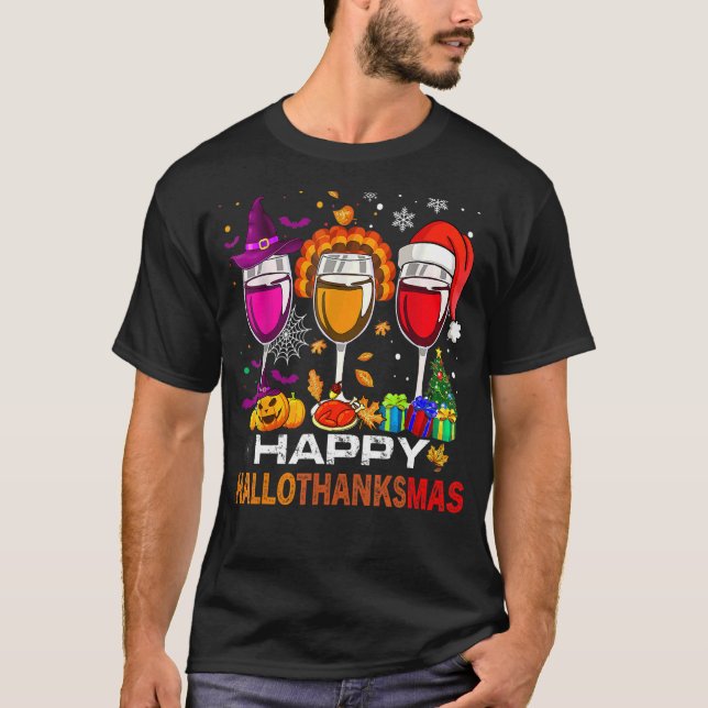 Happy Hallothanksmas Wine Glasses Witch Santa Hat T-Shirt (Vorderseite)