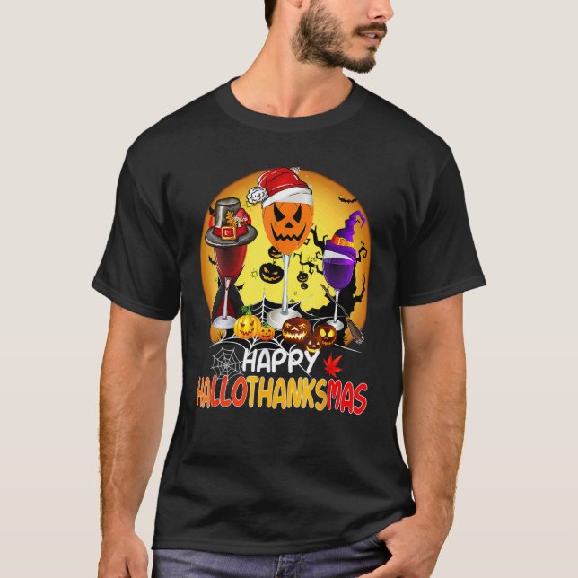 Happy Hallothanksmas Wine Glasses Witch Santa Hat T-Shirt (Vorderseite)