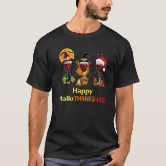 Happy Hallothanksmas Wine Glasses Witch Santa Hat T-Shirt