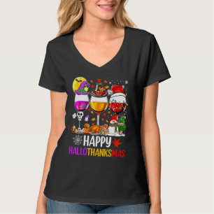 Happy Hallothanksmas Wine Glasses Witch Santa Hat T-Shirt