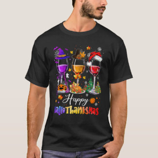 Happy Hallothanksmas Wine Glasses Witch Santa Hat T-Shirt