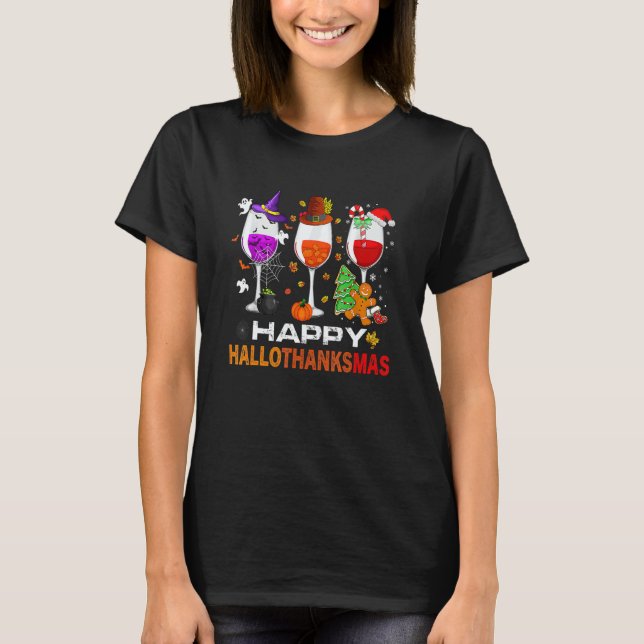 Happy Hallothanksmas Wine Glasses Witch Santa Hat  T-Shirt (Vorderseite)