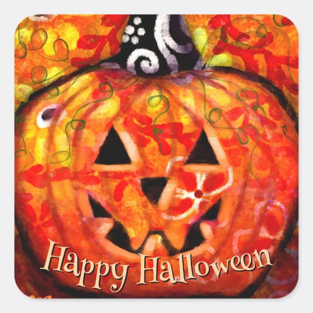 Happy Halloween Abstrakte Kürbislaterne Pumpkin Quadratischer Aufkleber (Vorderseite)