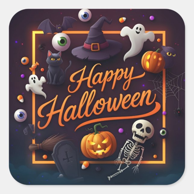 Happy Halloween All Elements Quadratischer Aufkleber (Vorderseite)