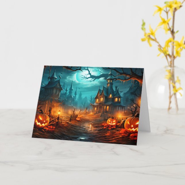 Happy Halloween - Altes Spuk Haus Karte (Gelbe Blume)