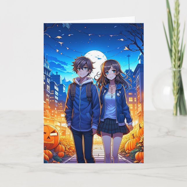 Happy Halloween | Anime Couple Holding Hands Karte (Vorderseite)