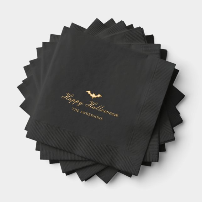 Happy Halloween Bat Calligraphy Black Gold Servietten Mit Folie (Insitu (Gestapelt))