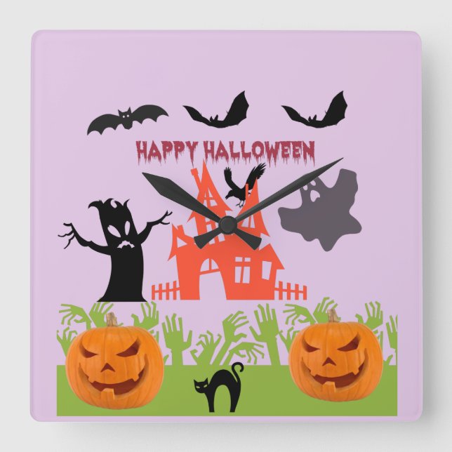 Happy Halloween, Baumrinde, Fledermäuse Quadratische Wanduhr (Vorderseite)