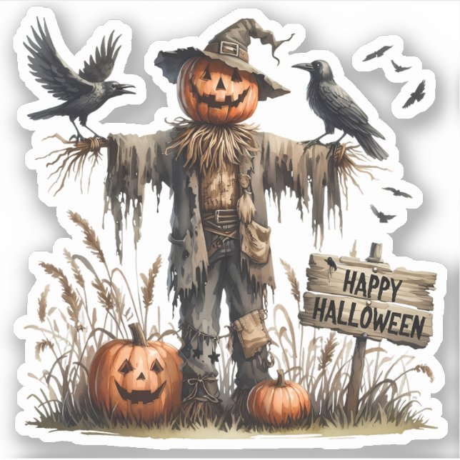 Happy Halloween - Beängstigende Scarecrow und Kräh Aufkleber (Vorderseite)