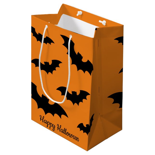 Happy Halloween Black and Orange Spooky Fley Mittlere Geschenktüte (Vorderseite Schrägansicht)