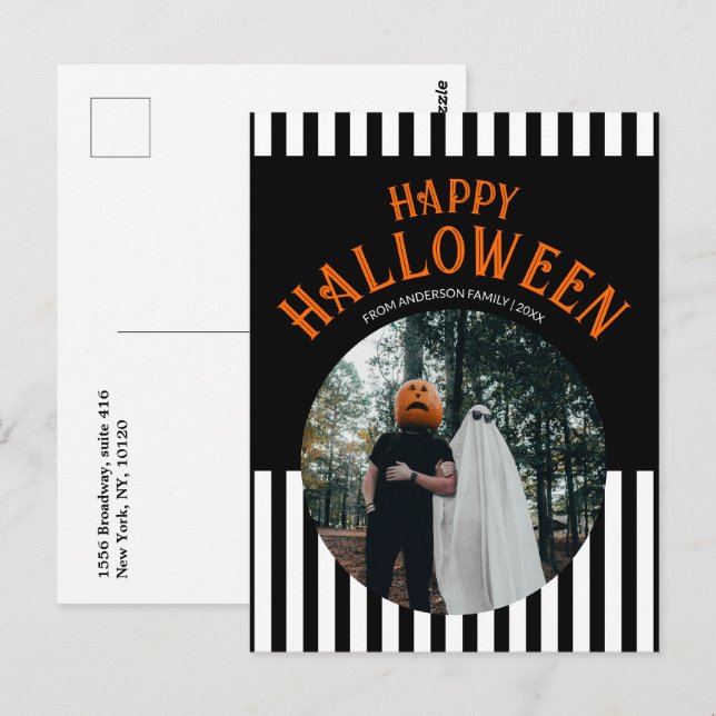 Happy Halloween Black and White Striped Foto Postkarte (Vorne/Hinten)