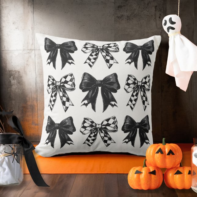 Happy Halloween Black Buchten Coquette Kissen (Happy Halloween Black checked bows Coquette Throw Pillow)