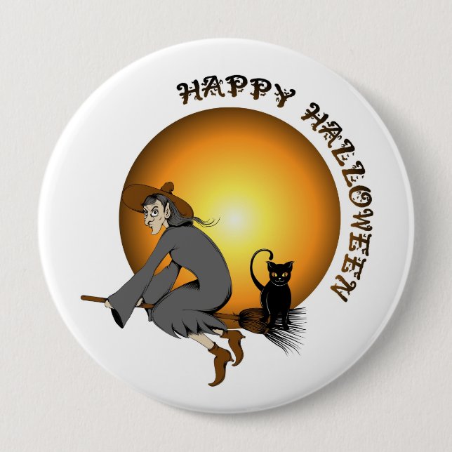 Happy Halloween Black Cat and Hexe Button (Vorderseite)