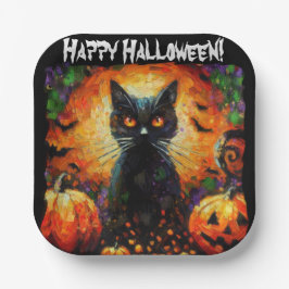 Happy Halloween Black Cat Bats Pumpkins Pappteller