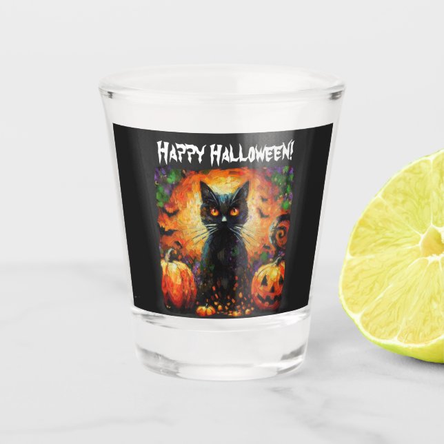 Happy Halloween Black Cat Bats Pumpkins Schnapsglas (Vorderseite)