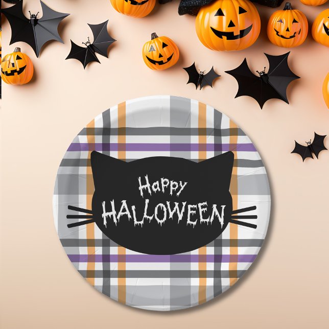 Happy Halloween Black Cat Face Silhouette Pappteller (Happy Halloween Black Cat Face Silhouette Paper Plates)