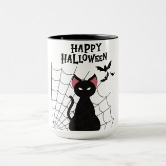 HAPPY HALLOWEEN Black Cat, Fledermäuse und Web. Tasse